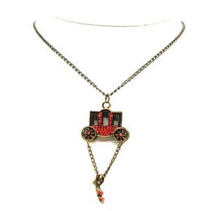 Cinderella Carriage and Slipper Red Rhinestones Charm Pendant Necklace Brass 32"